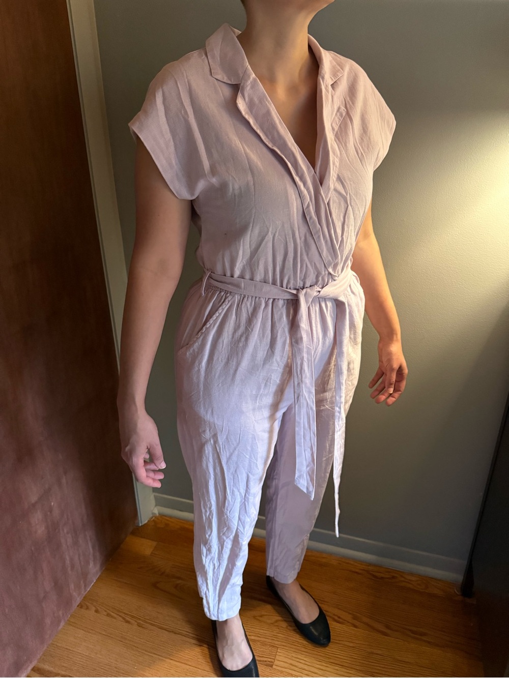 American Eagle Lavender Women's Cotton Linen-Blend Jumpsuit with Tie Waist Sz S